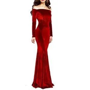 Charming Off Shoulder Velvet Mermaid Backless Long Bridesmaid Dress, F